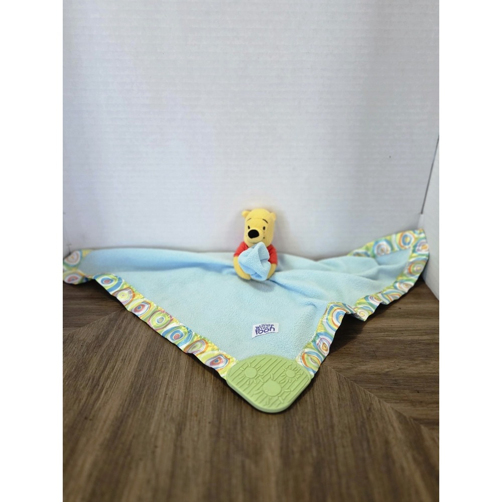 Disney Baby Winnie the Pooh Blue Fleece Security Blanket Lovey Rattle Teether